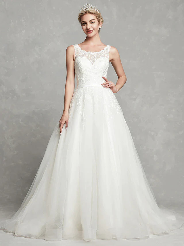 A-Line Wedding Dresses Scoop Neck Chapel Train Lace Tulle Regular Straps Formal Illusion Detail with Lace Sash Ribbon