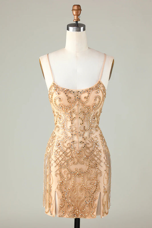 Golden Spaghetti Straps Tight Glitter Homecoming Dress With Beading