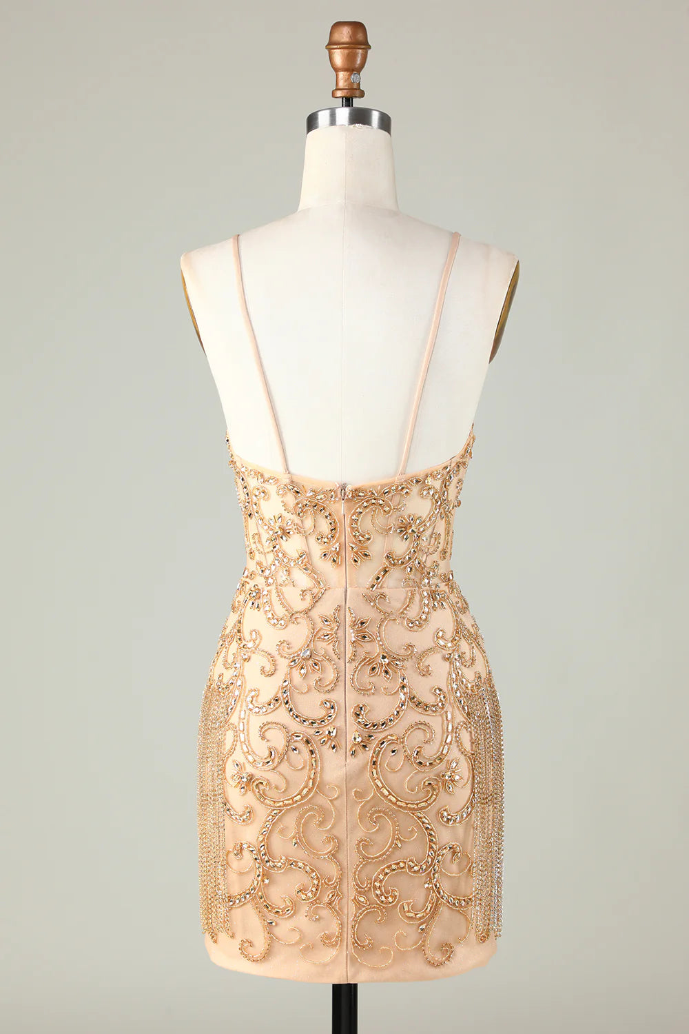 Golden Spaghetti Straps Tight Glitter Homecoming Dress With Beading