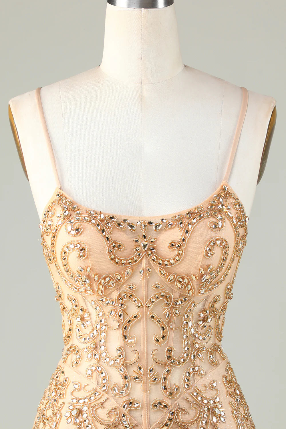 Golden Spaghetti Straps Tight Glitter Homecoming Dress With Beading