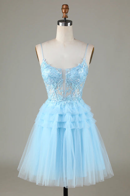 A Line Cute Blue Homecoming Dress With Appliques