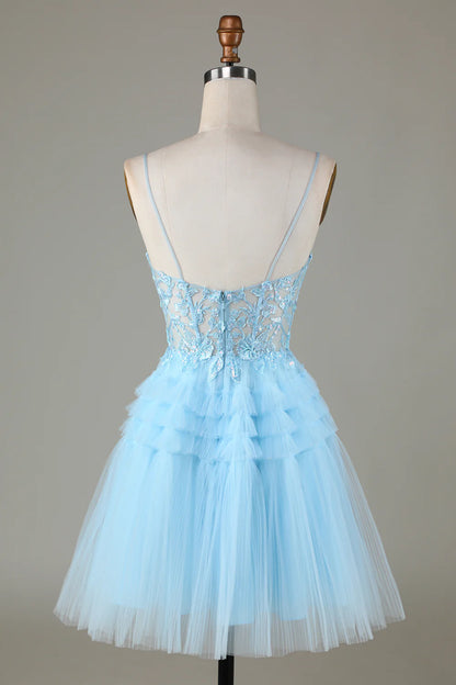 A Line Cute Blue Homecoming Dress With Appliques