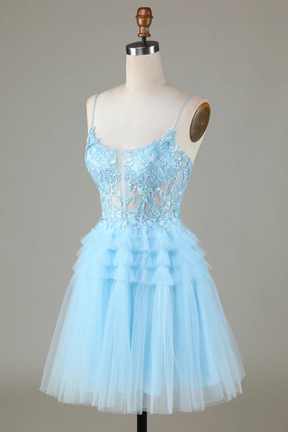 A Line Cute Blue Homecoming Dress With Appliques