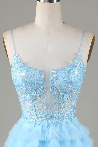 A Line Cute Blue Homecoming Dress With Appliques