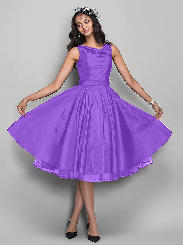 Cocktail Party Prom Dress V Neck Sleeveless Knee Length Taffeta with Pleats Crystals