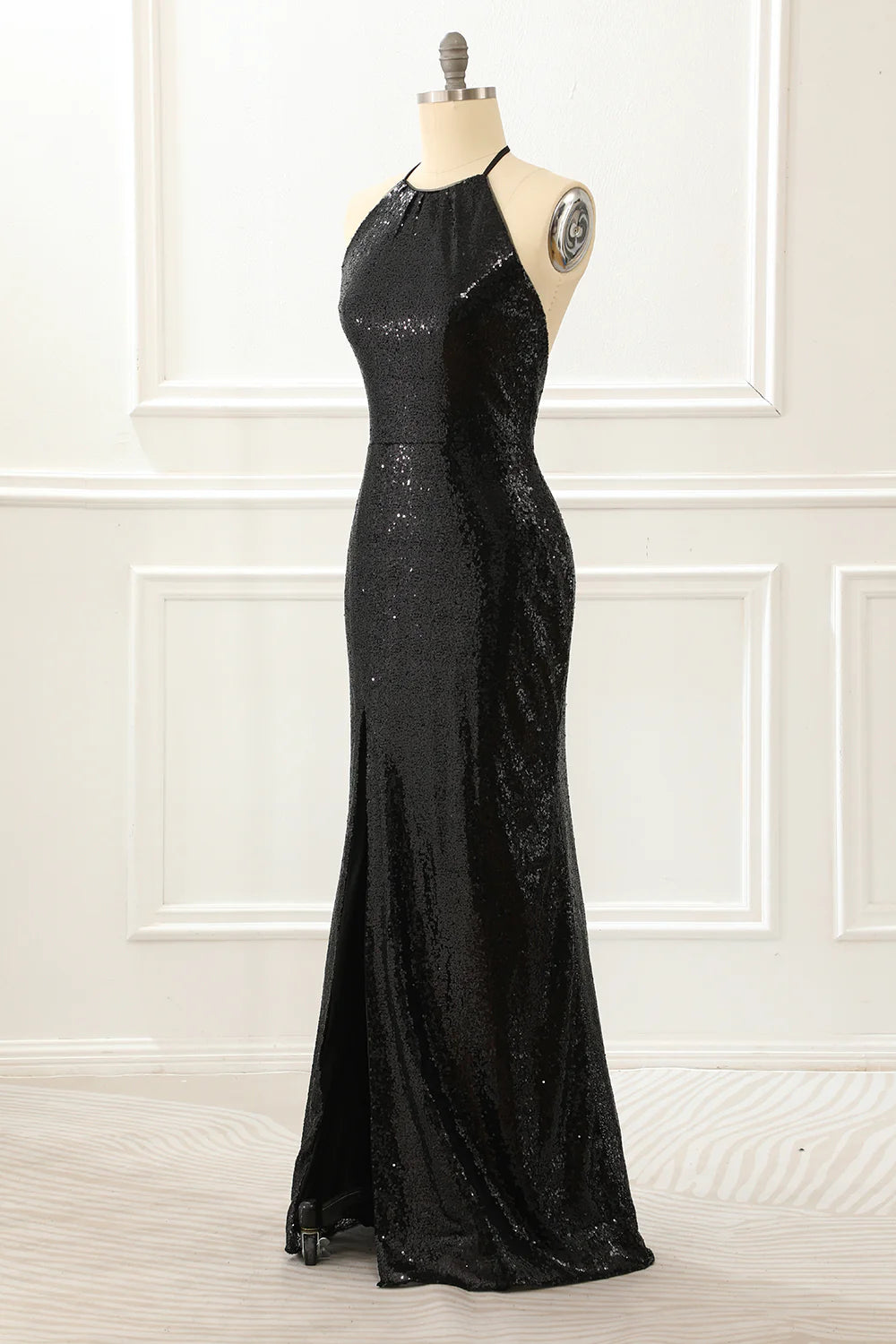 Halter Sequin Prom Dress With Slit