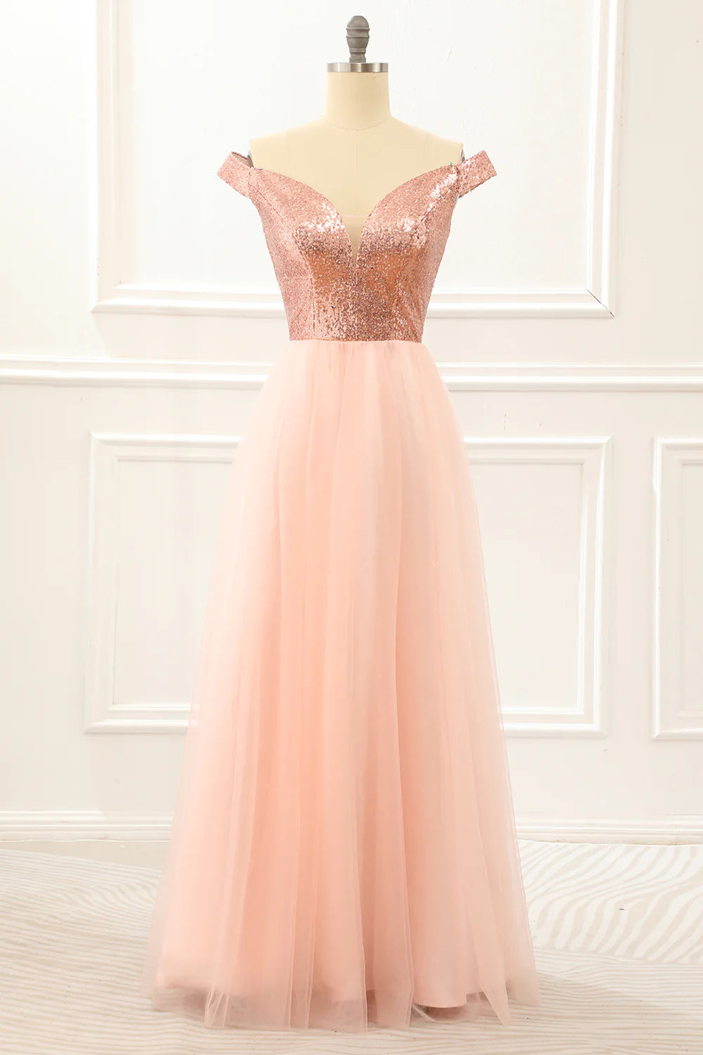Blush Off The Shoulder Sequins Prom Dress