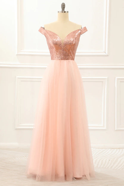 Blush Off The Shoulder Sequins Prom Dress