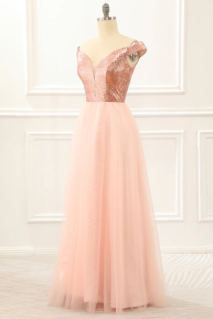 Blush Off The Shoulder Sequins Prom Dress