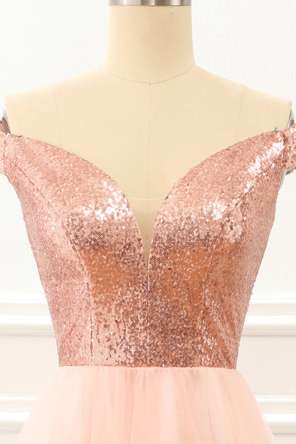 Blush Off The Shoulder Sequins Prom Dress