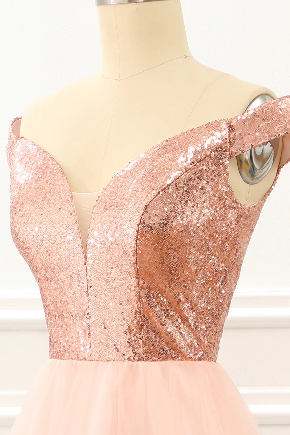 Blush Off The Shoulder Sequins Prom Dress