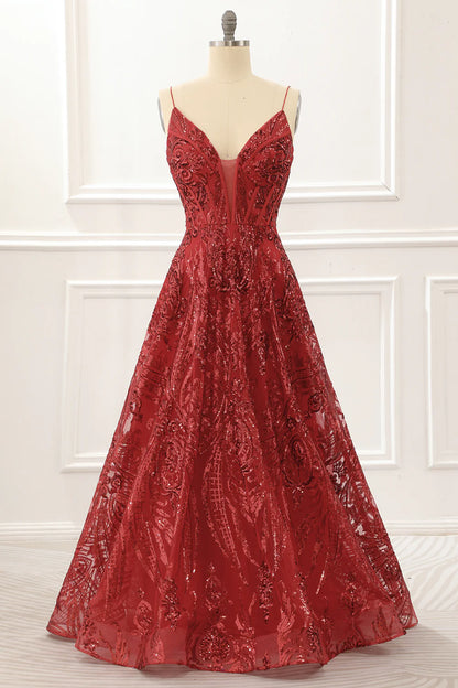 Red Spaghetti Straps Sparkly Corset Prom Dress