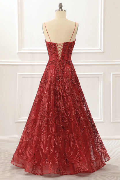 Red Spaghetti Straps Sparkly Corset Prom Dress