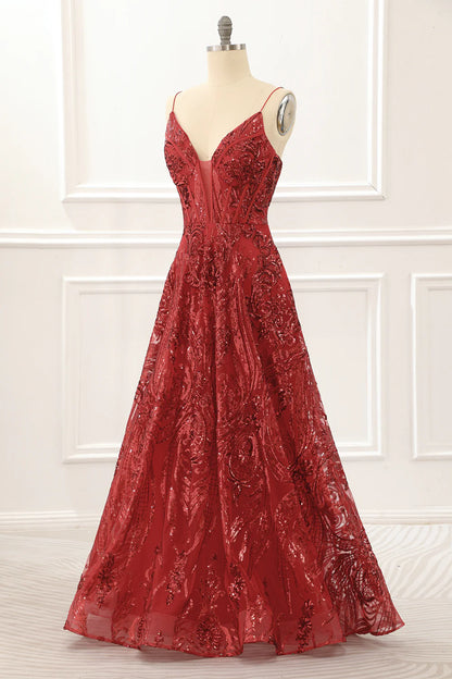 Red Spaghetti Straps Sparkly Corset Prom Dress