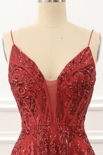 Red Spaghetti Straps Sparkly Corset Prom Dress