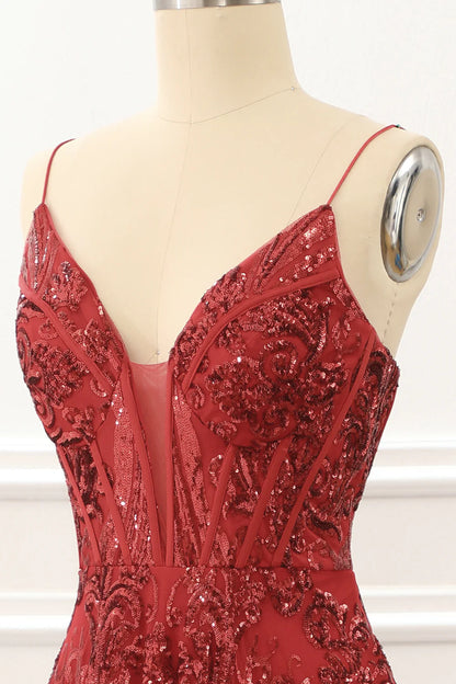 Red Spaghetti Straps Sparkly Corset Prom Dress