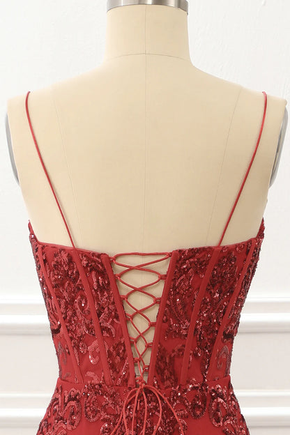 Red Spaghetti Straps Sparkly Corset Prom Dress
