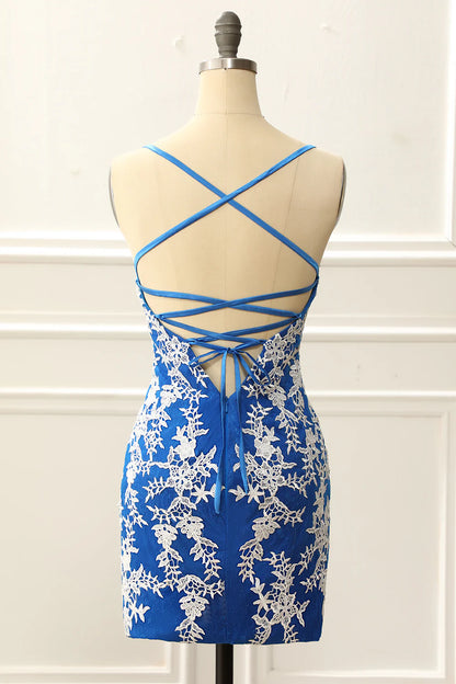 Blue Spaghetti Straps Tight Homecoming Dress With Appliques