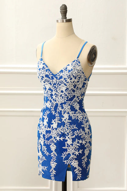 Blue Spaghetti Straps Tight Homecoming Dress With Appliques