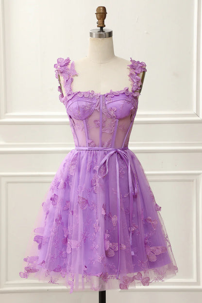 A-Line Corset Purple Homecoming Dress With Butterflies