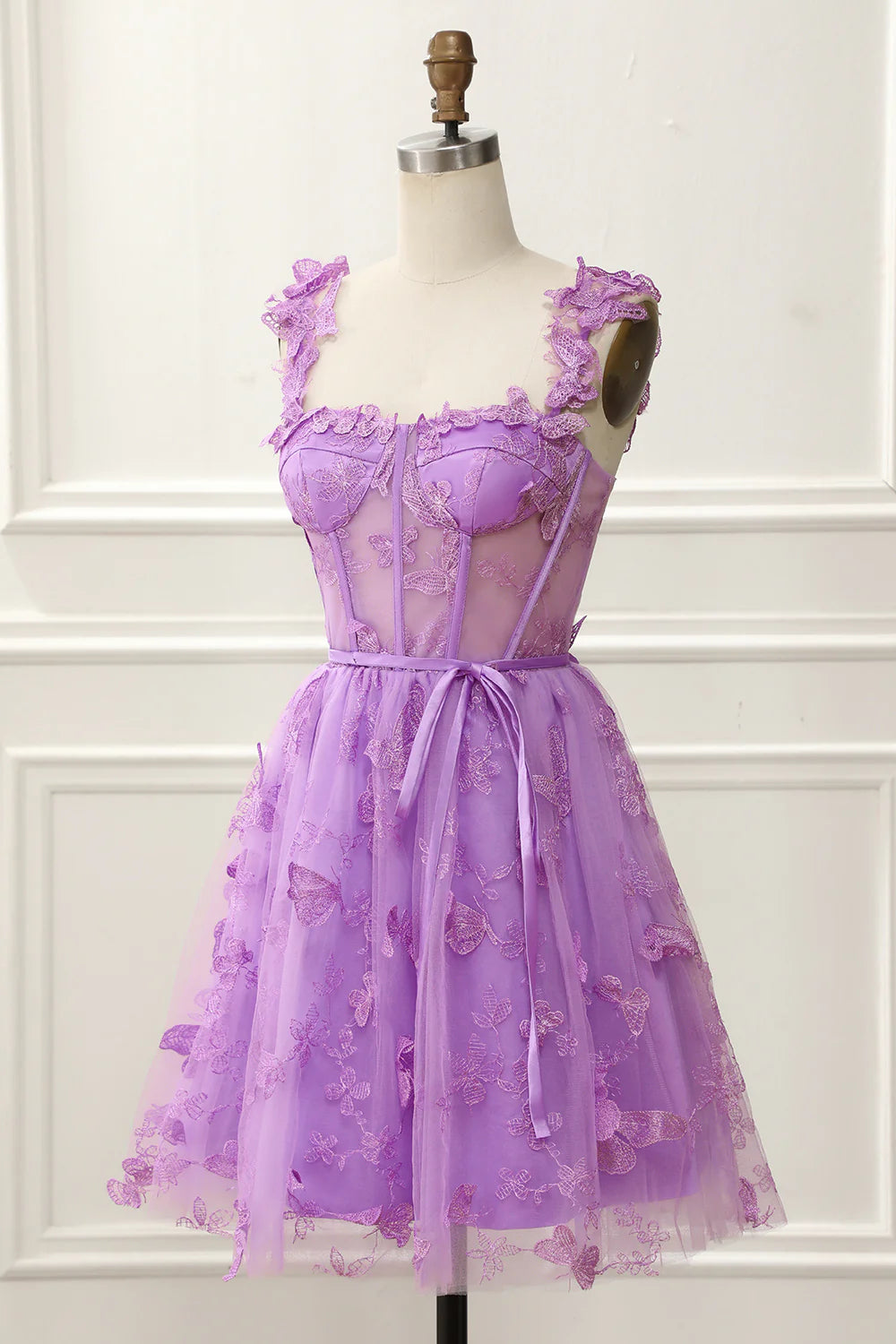 A-Line Corset Purple Homecoming Dress With Butterflies