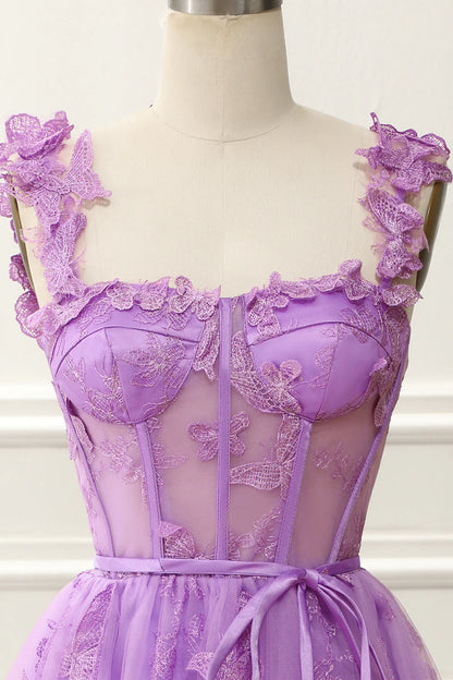 A-Line Corset Purple Homecoming Dress With Butterflies