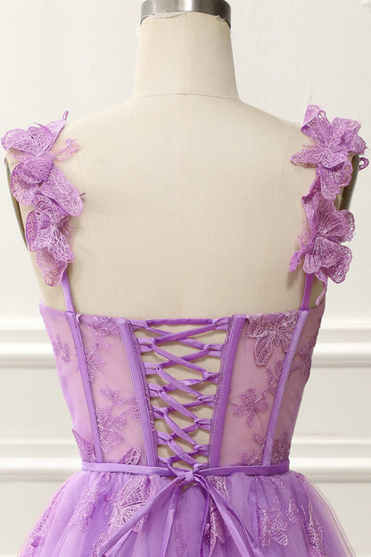 A-Line Corset Purple Homecoming Dress With Butterflies