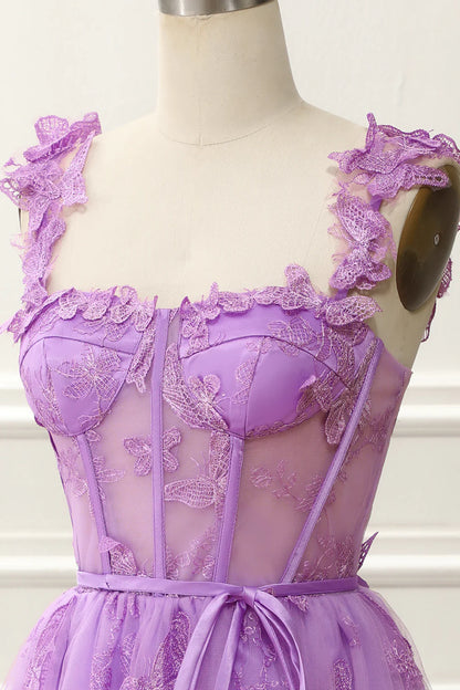 A-Line Corset Purple Homecoming Dress With Butterflies