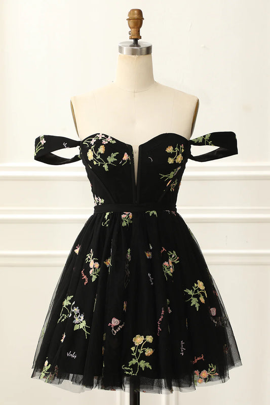 Black Off The Shoulder Cute Homecoming Dress With Embroidery