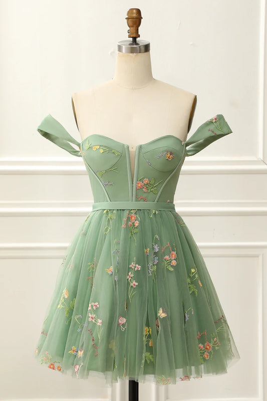 Green Off The Shoulder Cute Homecoming Dress With Embroidery