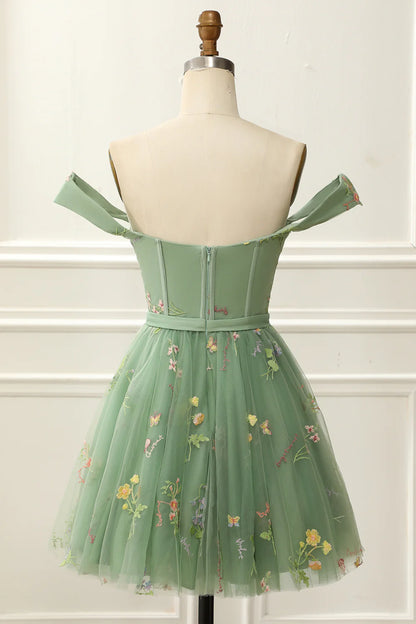 Green Off The Shoulder Cute Homecoming Dress With Embroidery