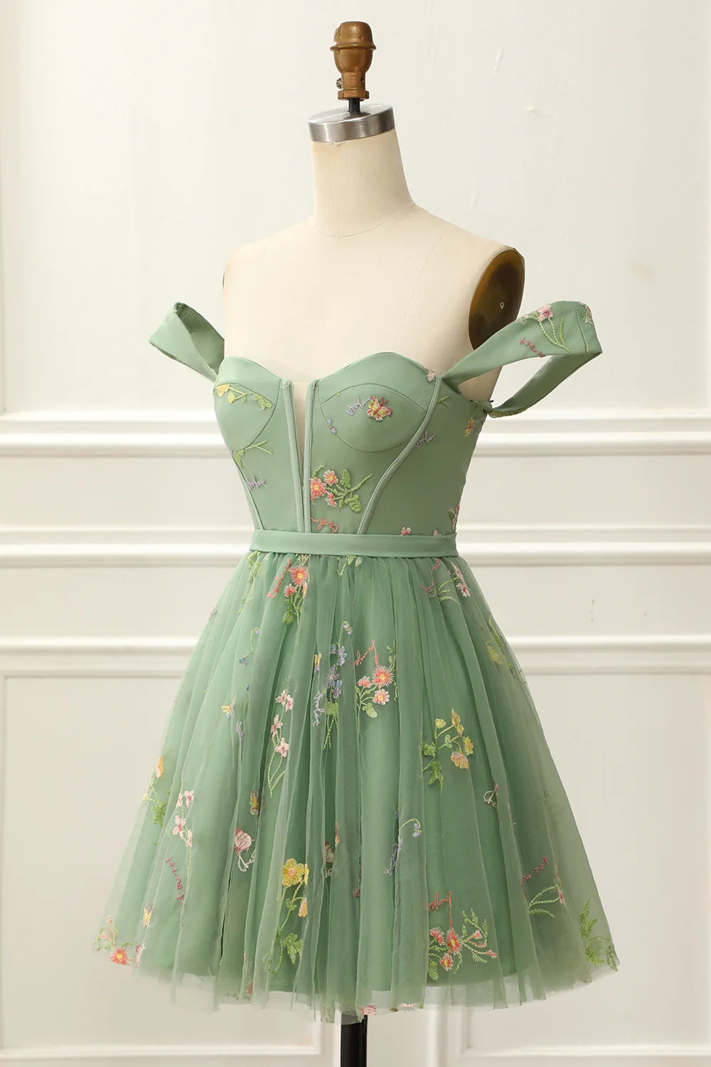 Green Off The Shoulder Cute Homecoming Dress With Embroidery