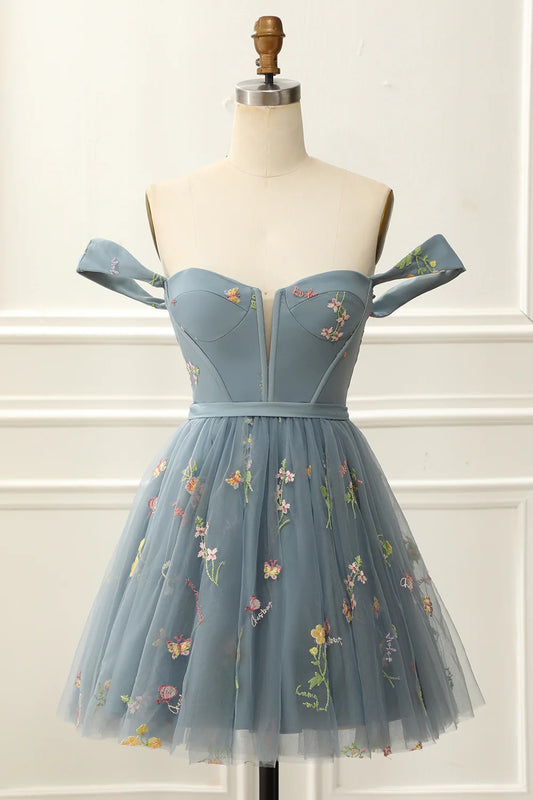 Blue Off The Shoulder Cute Homecoming Dress With Embroidery