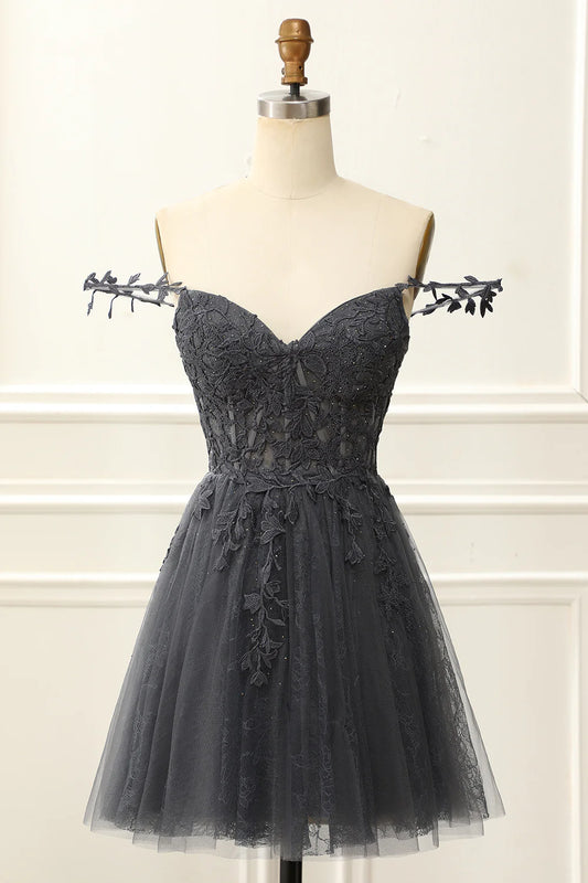 Dark Grey Off The Shoulder Corset Cute Homecoming Dress With Appliques