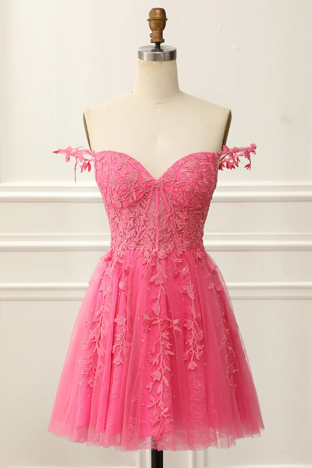 Hot Pink Off The Shoulder Corset Cute Homecoming Dress With Appliques