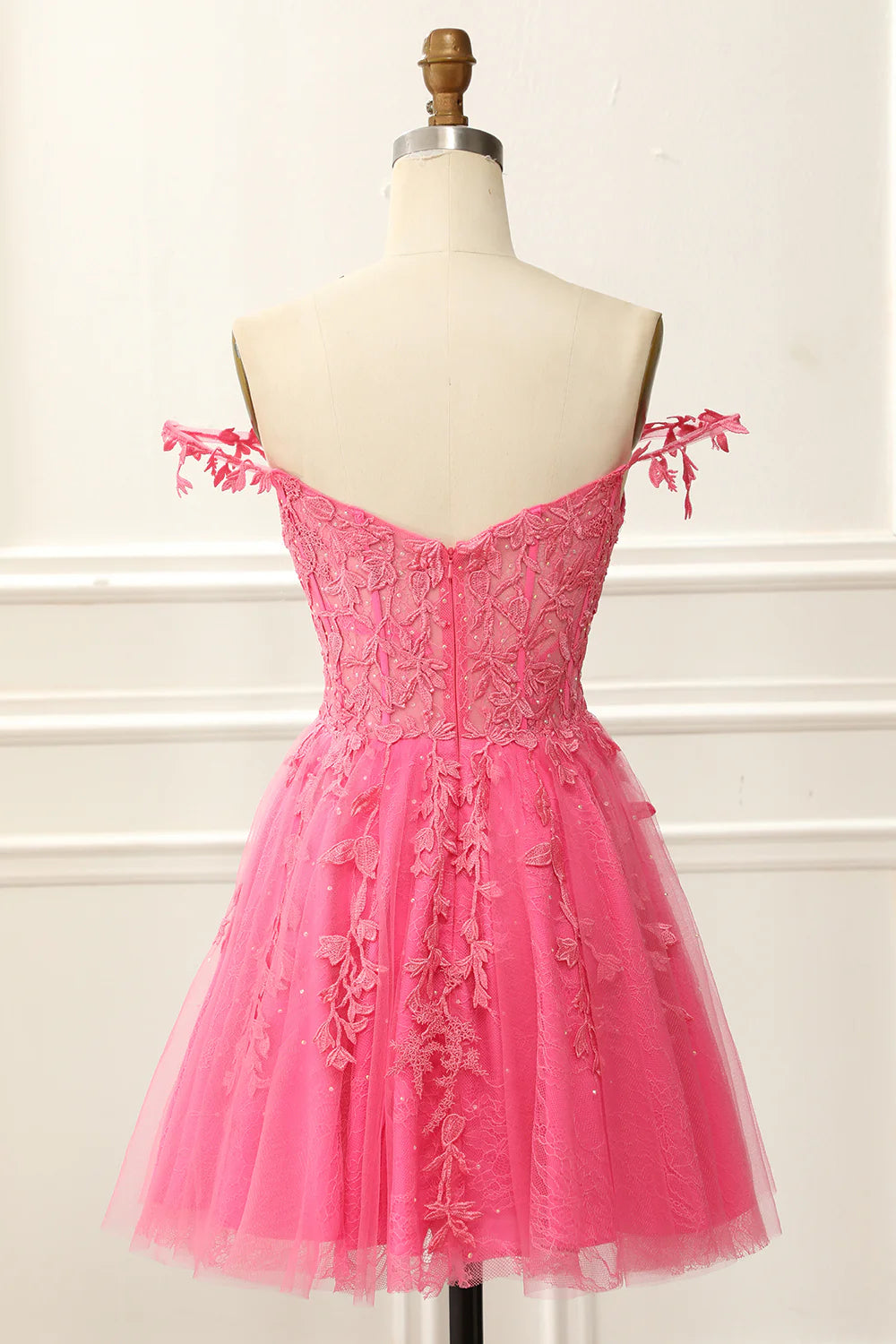 Hot Pink Off The Shoulder Corset Cute Homecoming Dress With Appliques