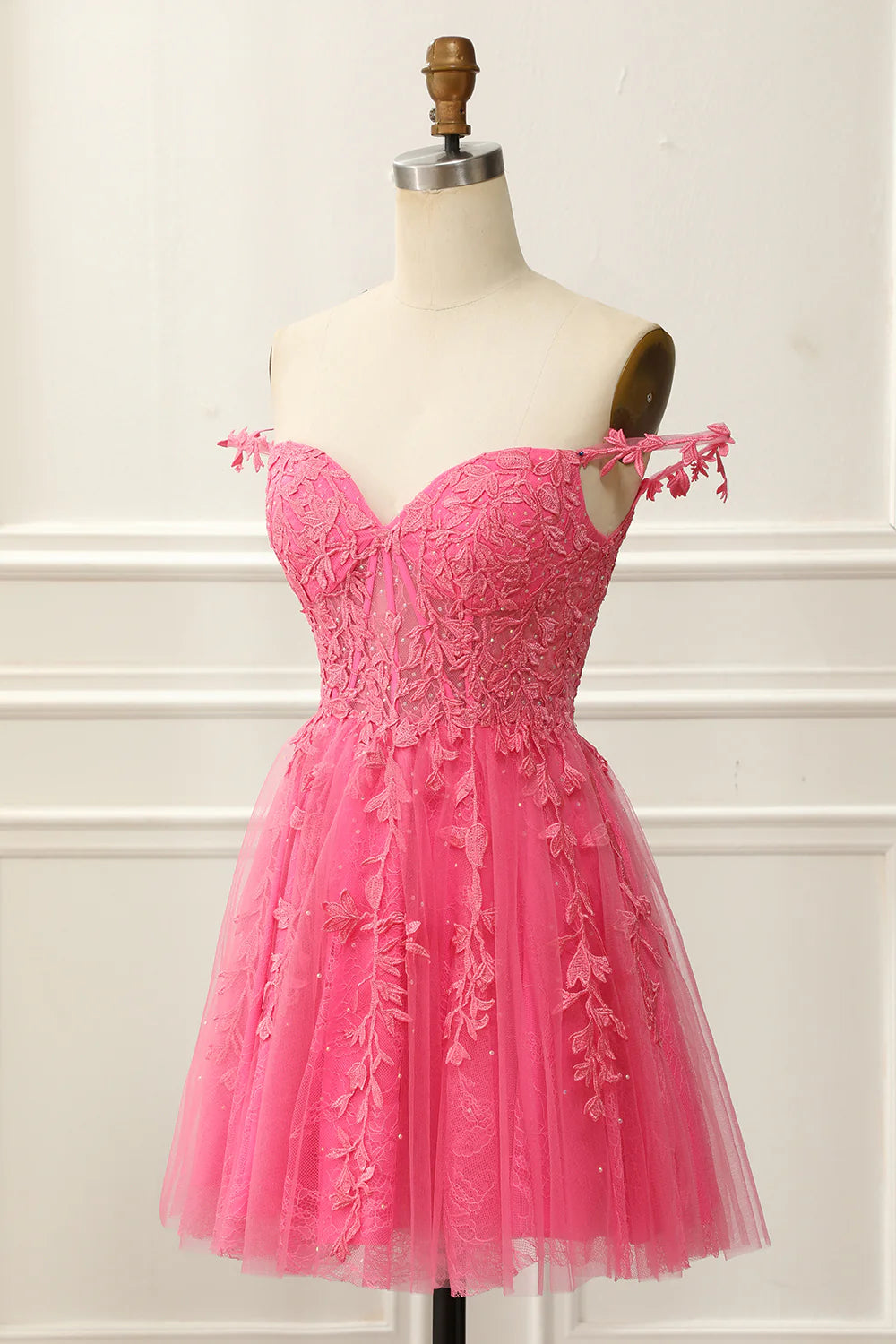 Hot Pink Off The Shoulder Corset Cute Homecoming Dress With Appliques