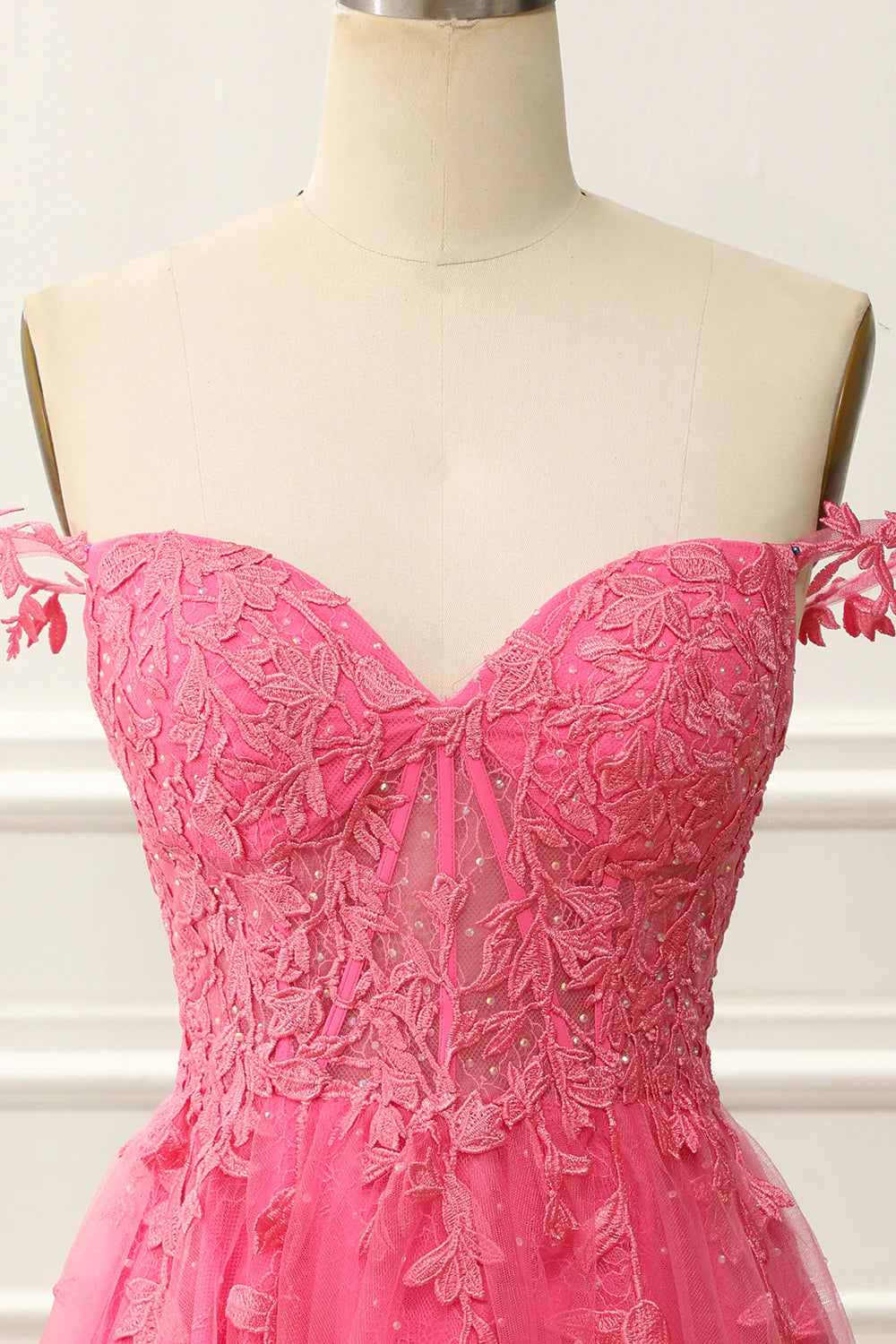 Hot Pink Off The Shoulder Corset Cute Homecoming Dress With Appliques