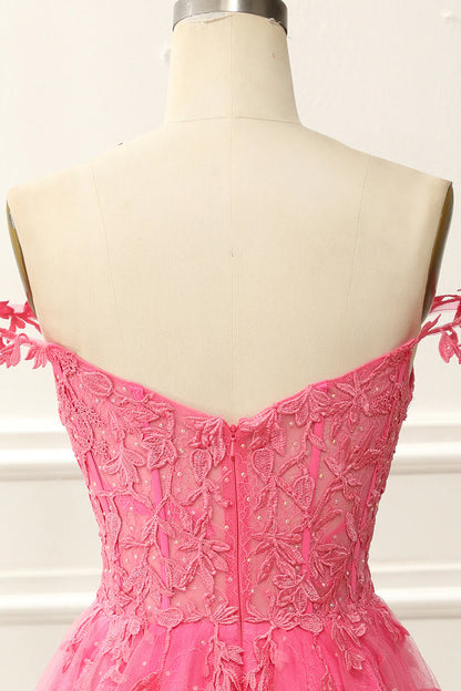 Hot Pink Off The Shoulder Corset Cute Homecoming Dress With Appliques