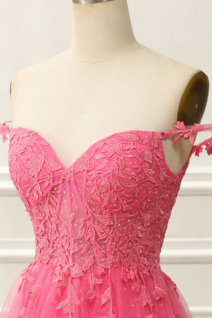 Hot Pink Off The Shoulder Corset Cute Homecoming Dress With Appliques