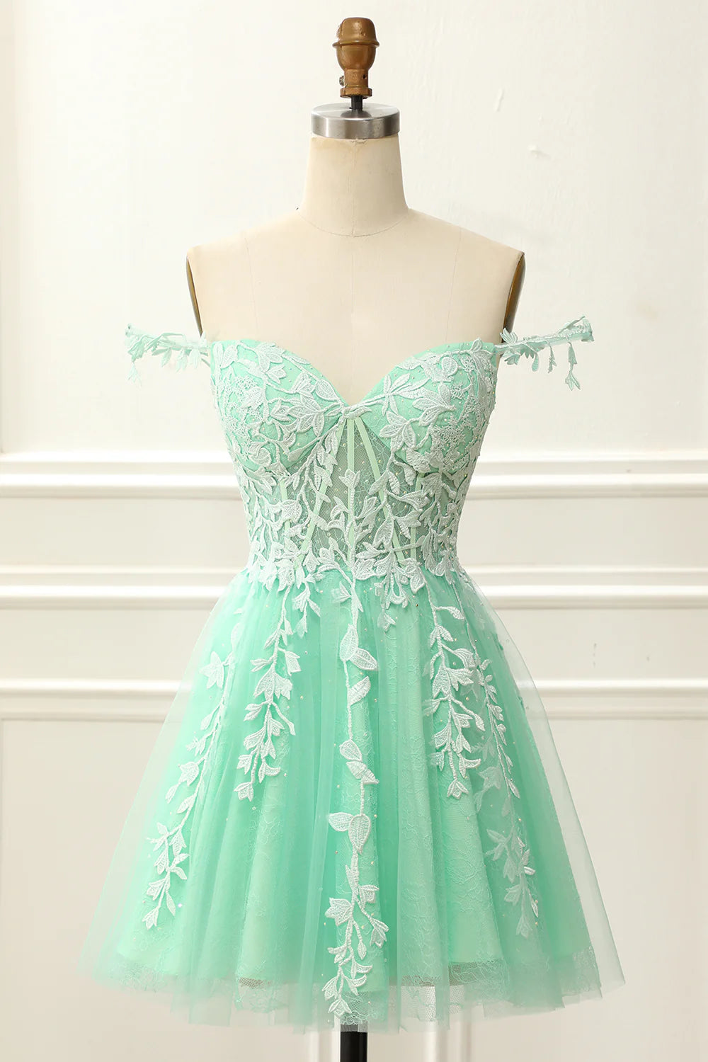 Mint Off The Shoulder Corset Cute Homecoming Dress With Appliques