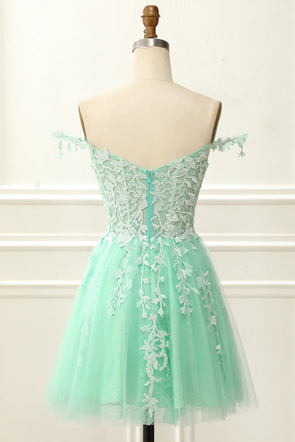 Mint Off The Shoulder Corset Cute Homecoming Dress With Appliques