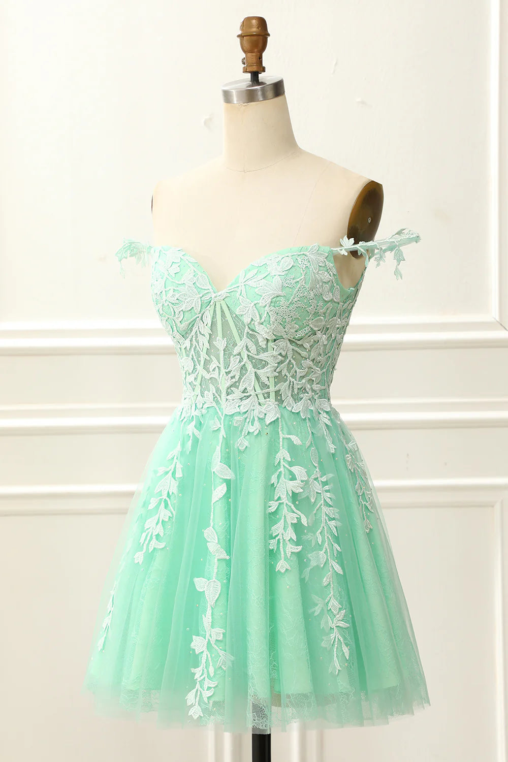 Mint Off The Shoulder Corset Cute Homecoming Dress With Appliques