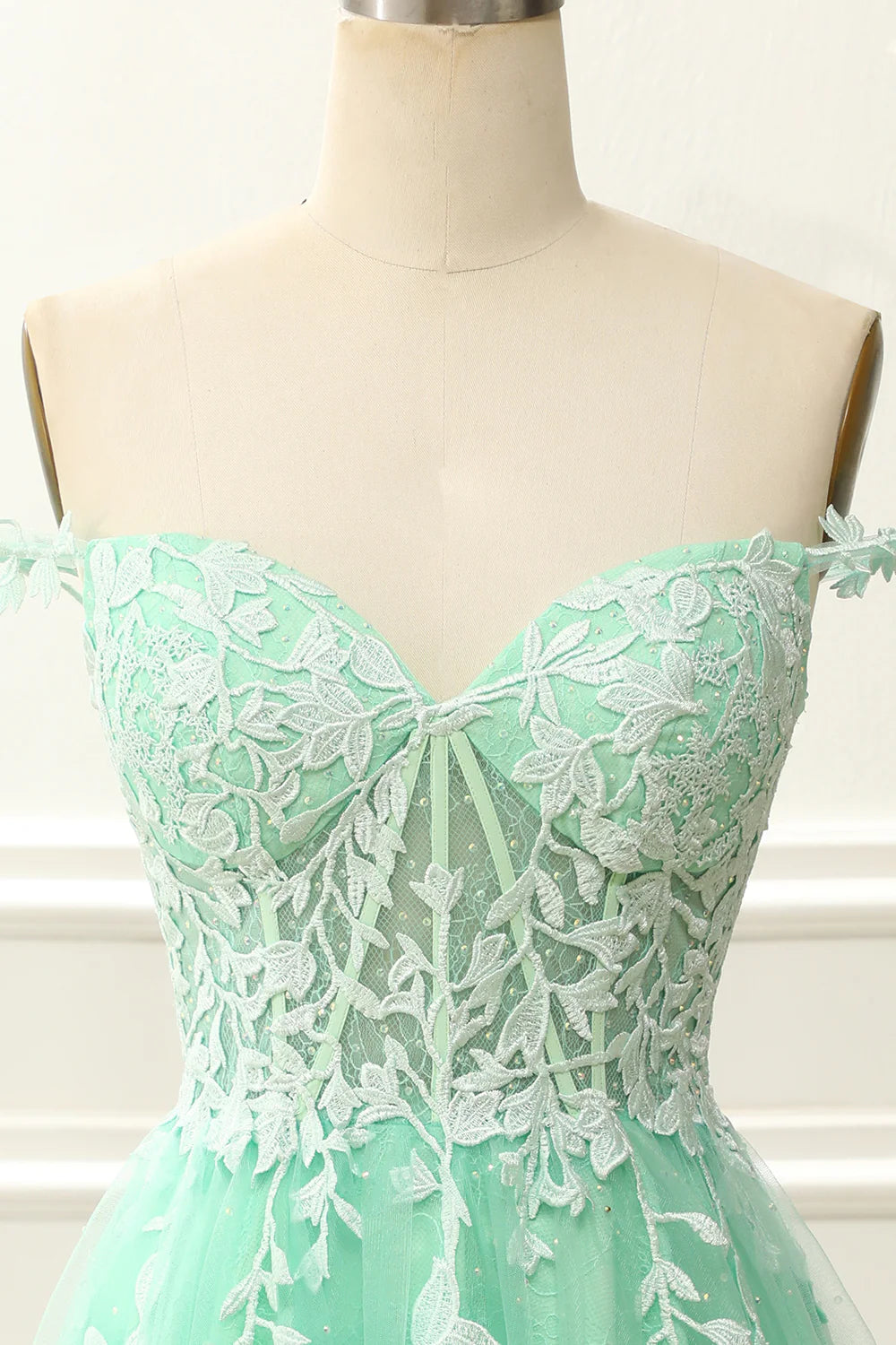 Mint Off The Shoulder Corset Cute Homecoming Dress With Appliques