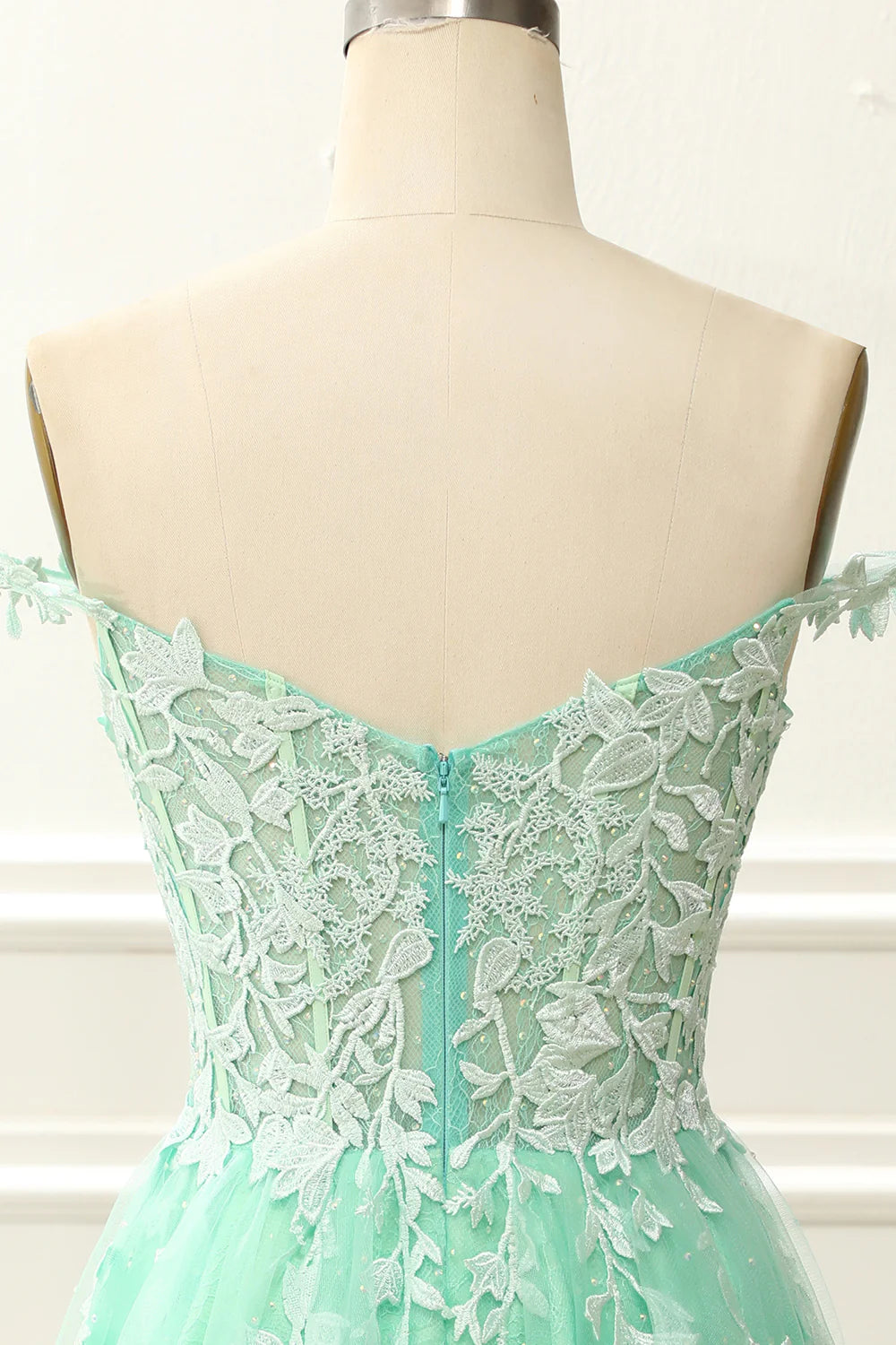 Mint Off The Shoulder Corset Cute Homecoming Dress With Appliques