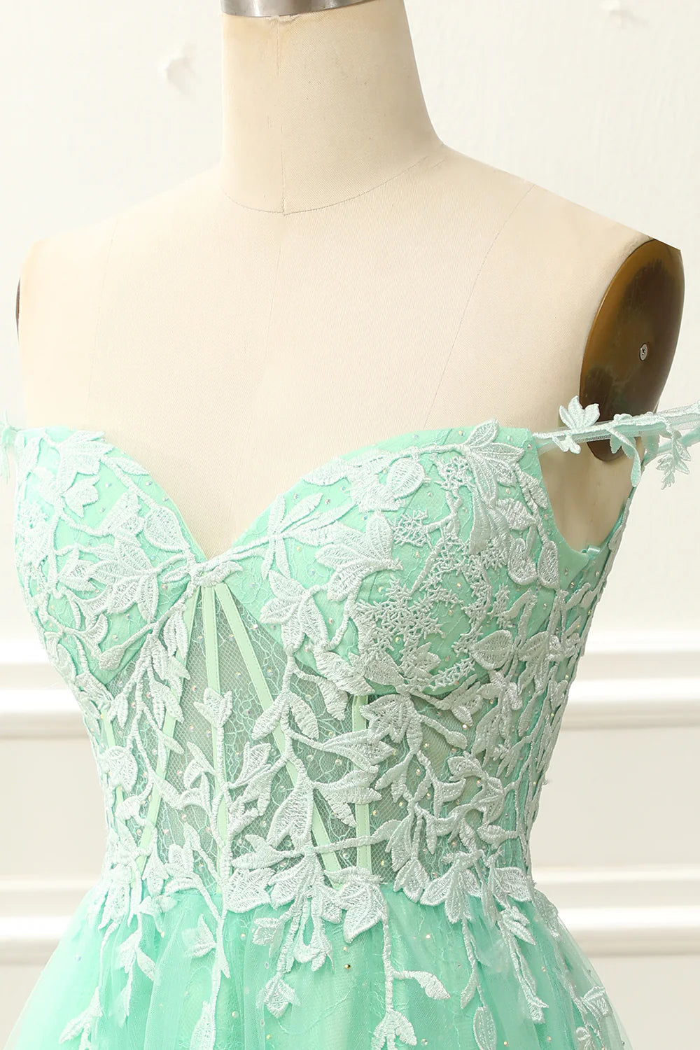 Mint Off The Shoulder Corset Cute Homecoming Dress With Appliques