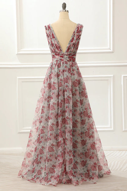 V-Neck Floral Pink A Line Prom Dress