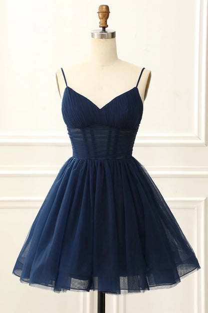 Navy A Line Tulle Corset Homecoming Dress