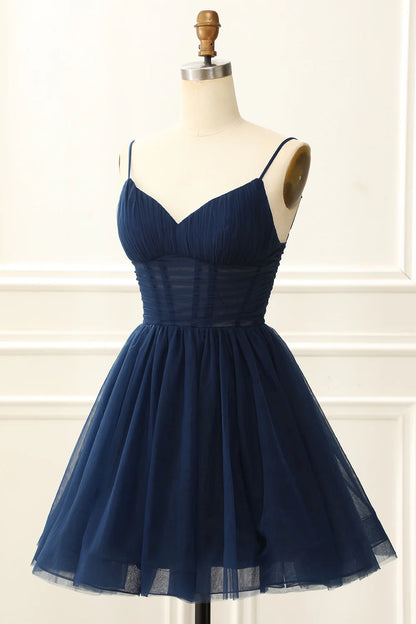 Navy A Line Tulle Corset Homecoming Dress