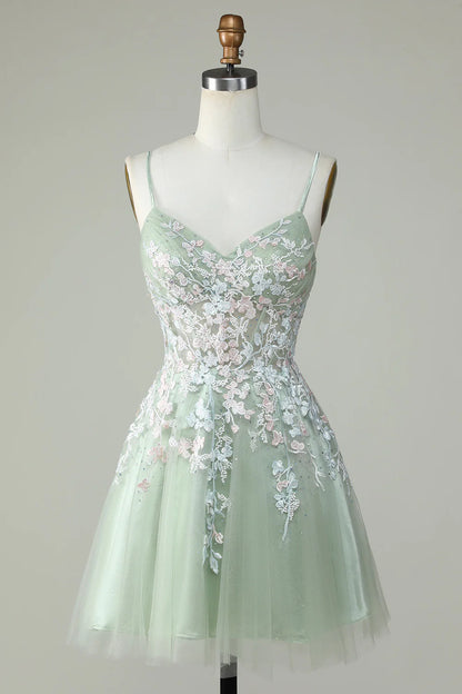 A Line Cute Corset Green Homecoming Dress With Appliques
